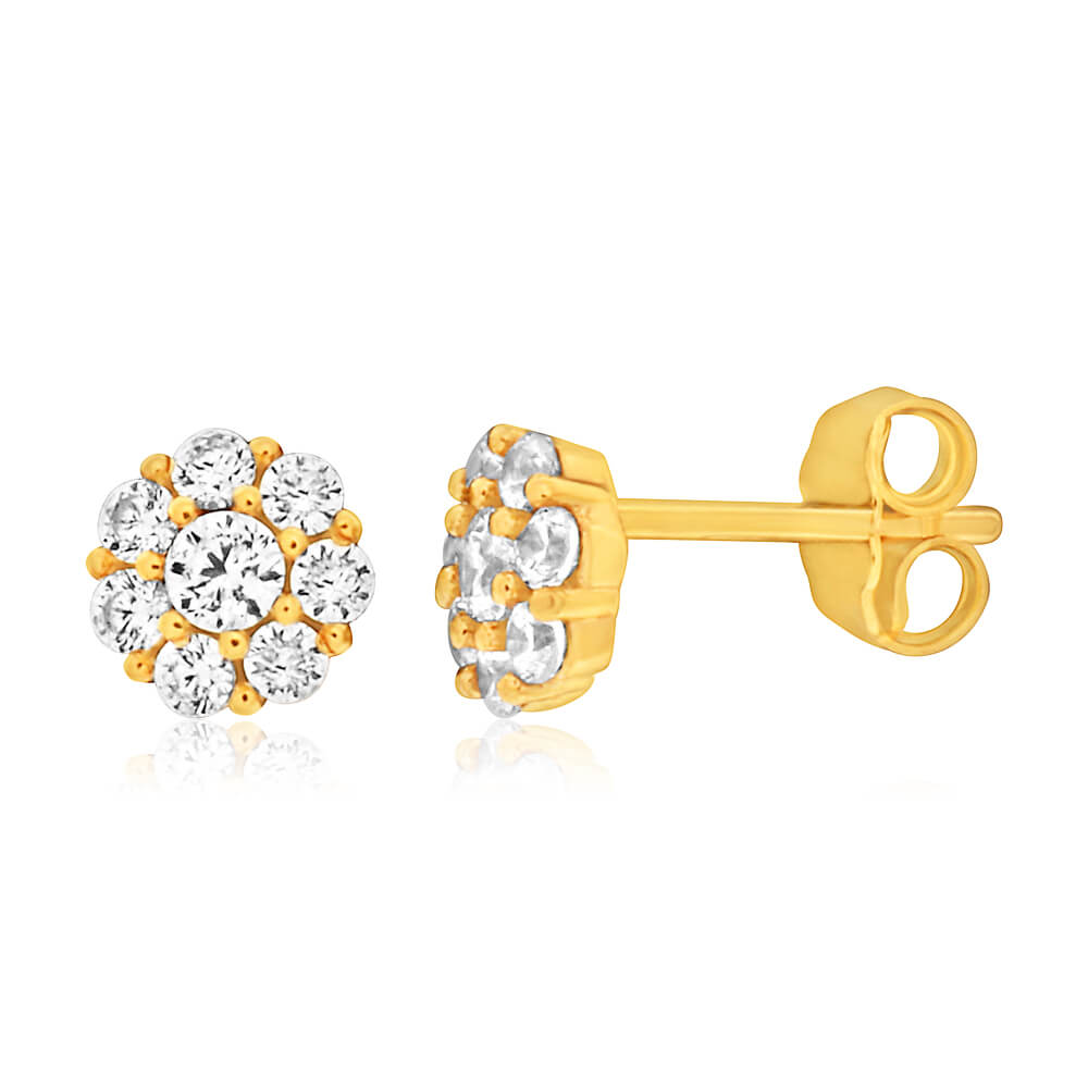 9ct Yellow Gold Silver Filled Cubic Zirconia Flower Stud Earrings