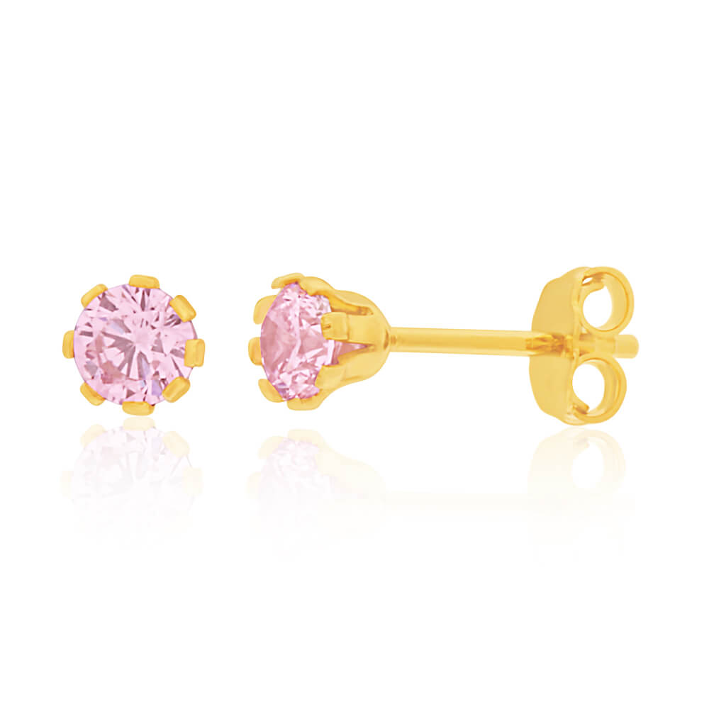 9ct Yellow Gold Silver Filled Pink Cubic Zirconia Stud Earrings