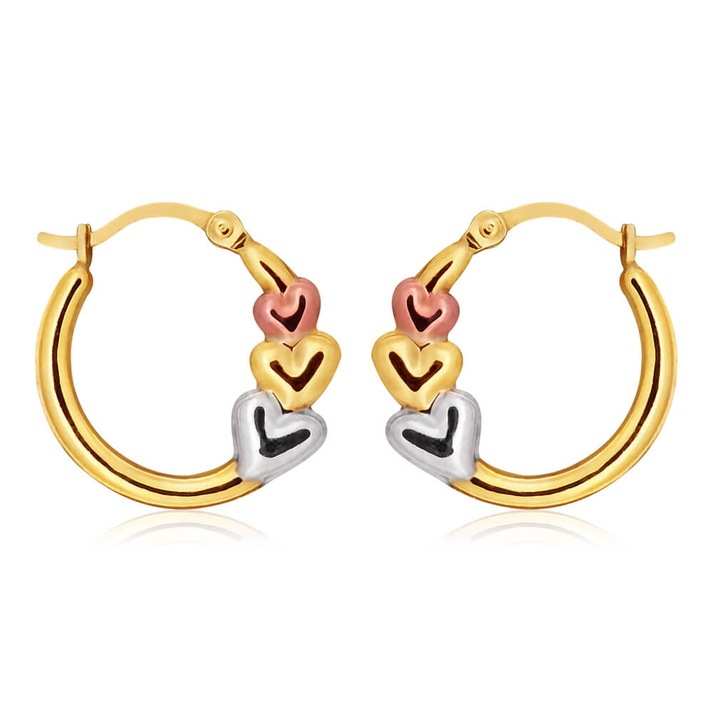 9ct Yellow Gold-Silver Filled Hoops Triple Love Hearts Multitones