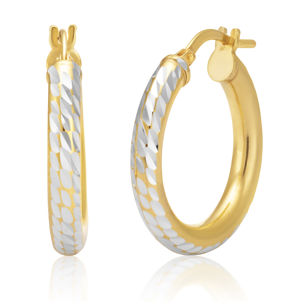 9ct Two-Tone Gold Filled 15mm Diamond Cut Hoop Earrings