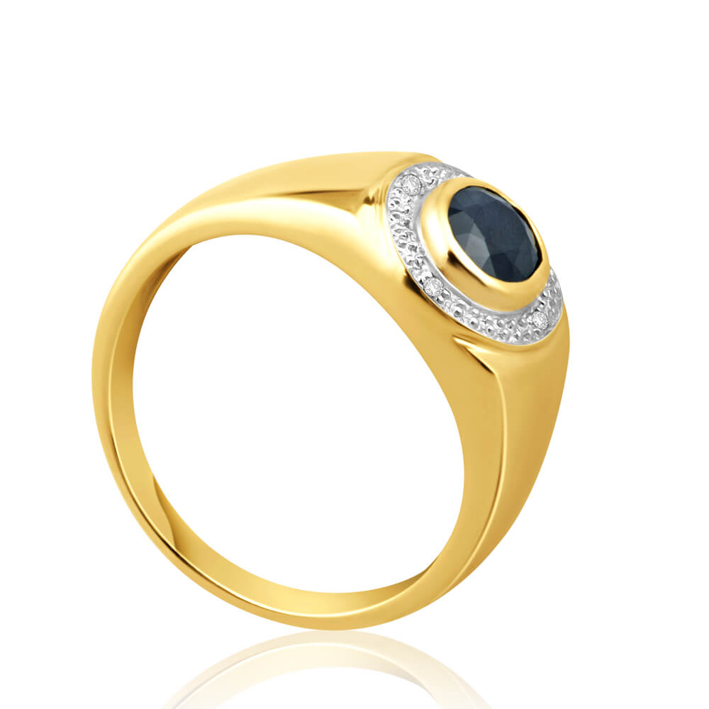 9ct Yellow Gold Natural Black Sapphire + Diamond Gents Ring