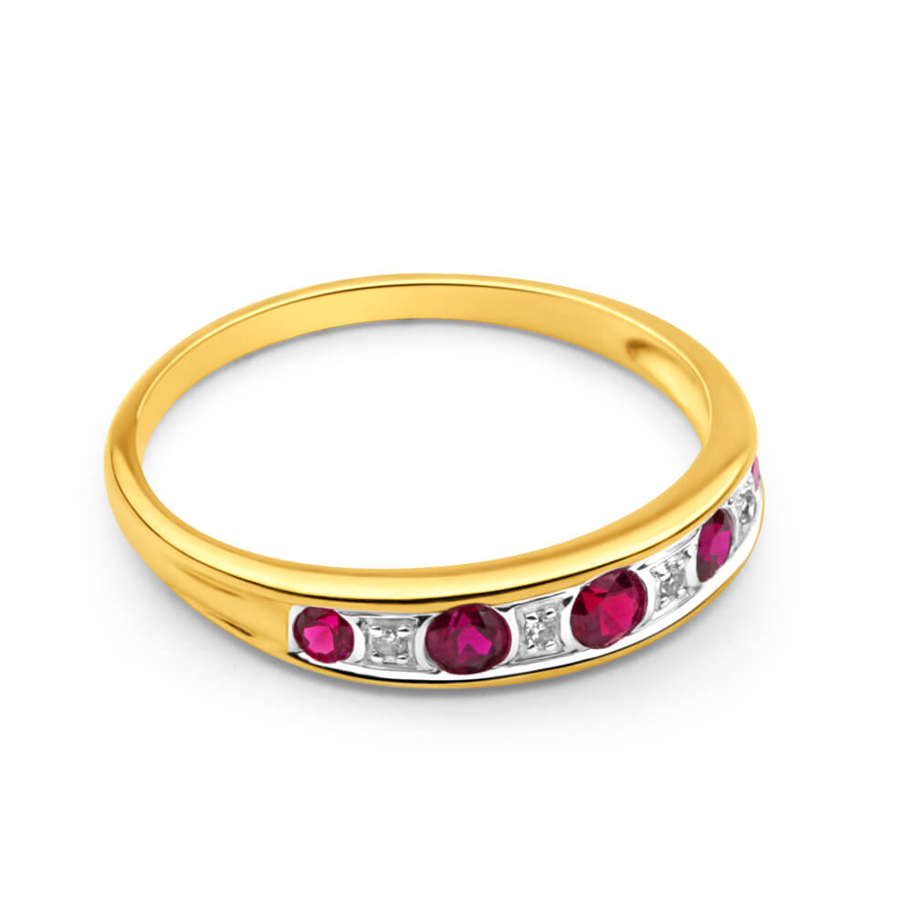 9ct Yellow Gold Created Ruby + Diamond Graduated Ring
