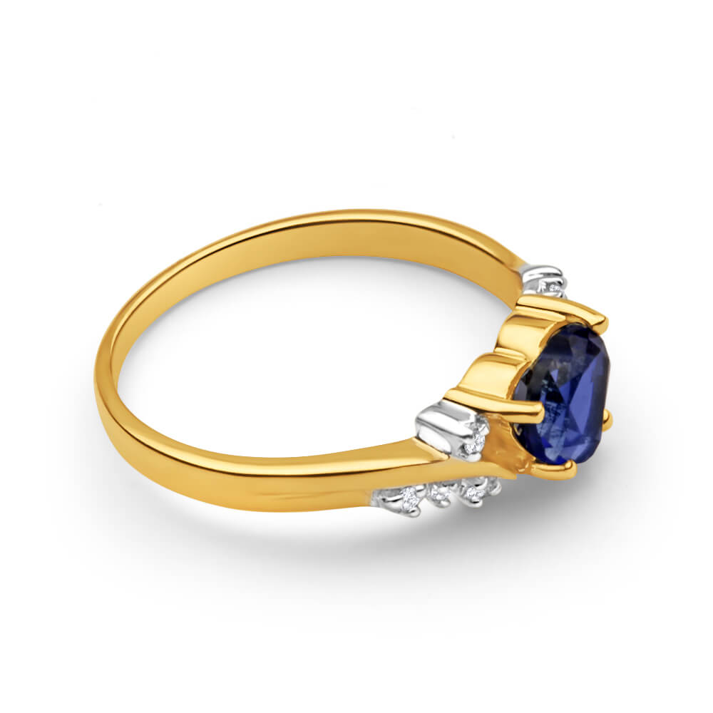 9ct Yellow Gold Created Sapphire Heart + Diamond Ring