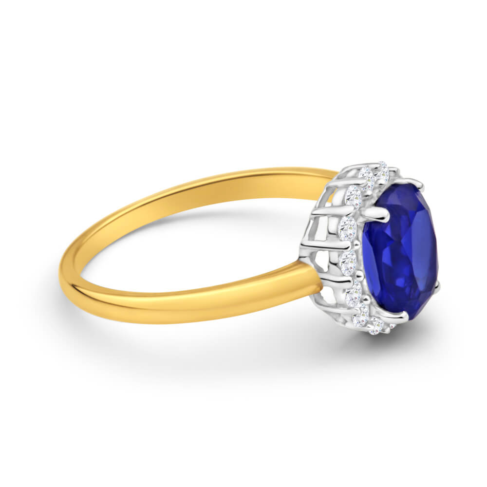 9ct Yellow Gold 8x6mm Oval Created Sapphire and Cubic Zirconia Halo Ring