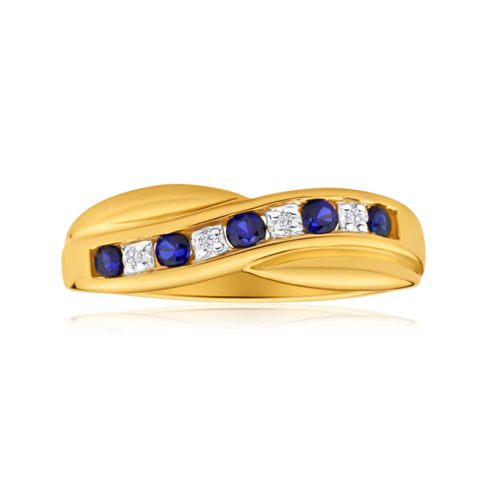 9ct Dazzling Yellow Gold Created Sapphire + Diamond Ring