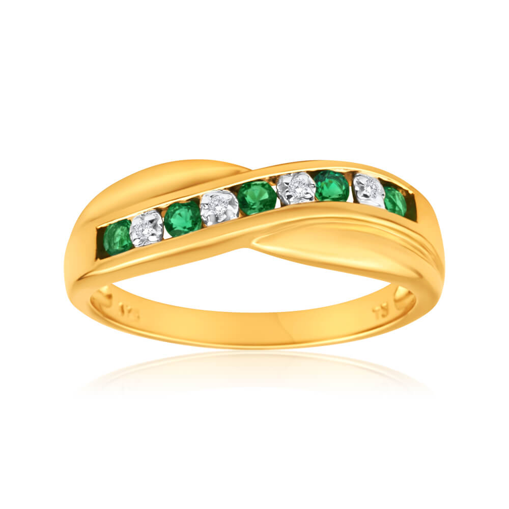 9ct Yellow Gold Created Emerald + Diamond Cross Over Ring