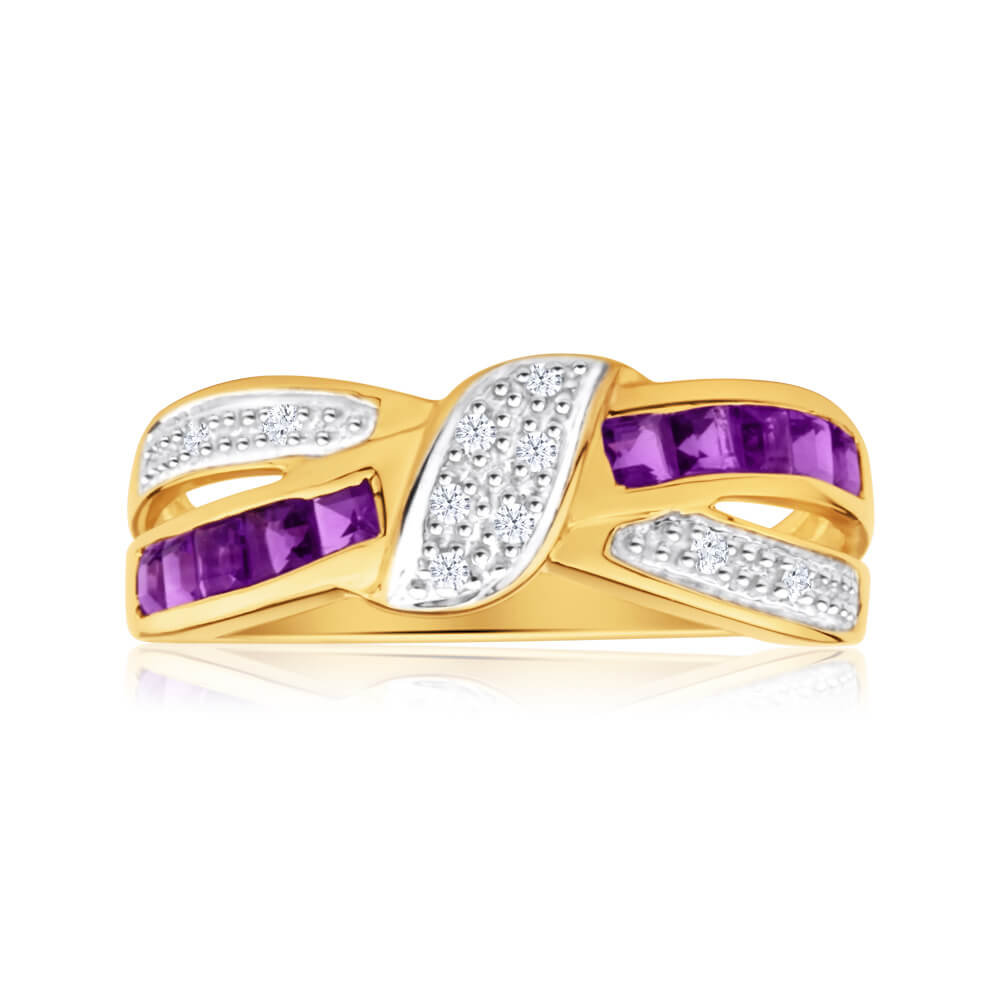 9ct Yellow Gold Amethyst and 10 Diamond Cross Over Ring