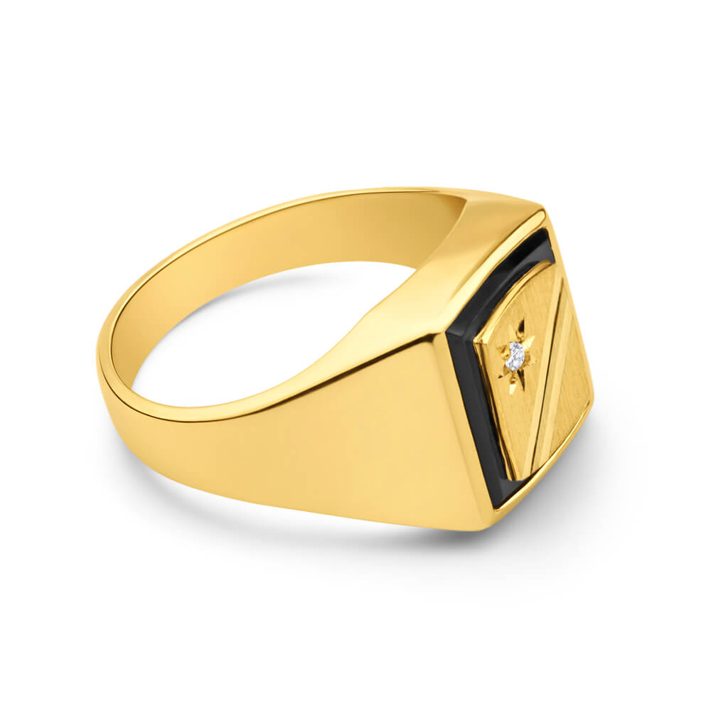9ct Radiant Yellow Gold Diamond + Onyx Ring