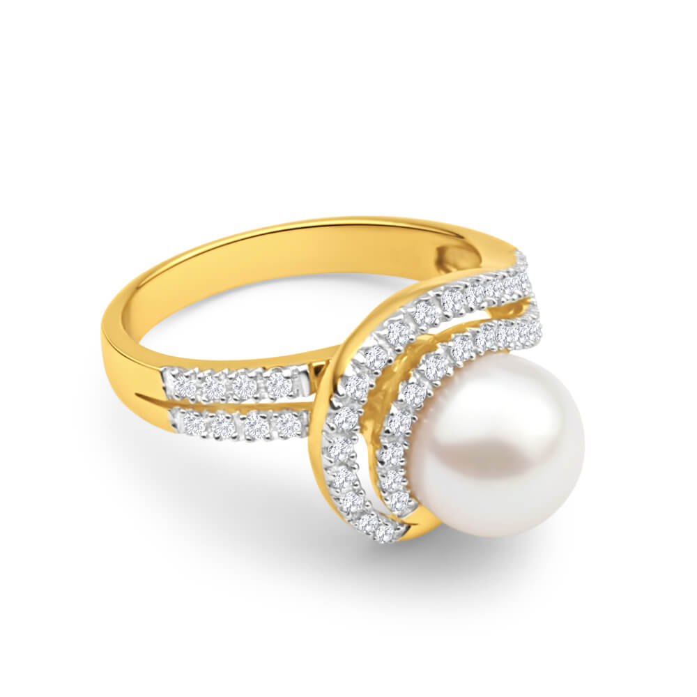 9ct Yellow Gold Cultured Pearl and Diamond Swirl Ring