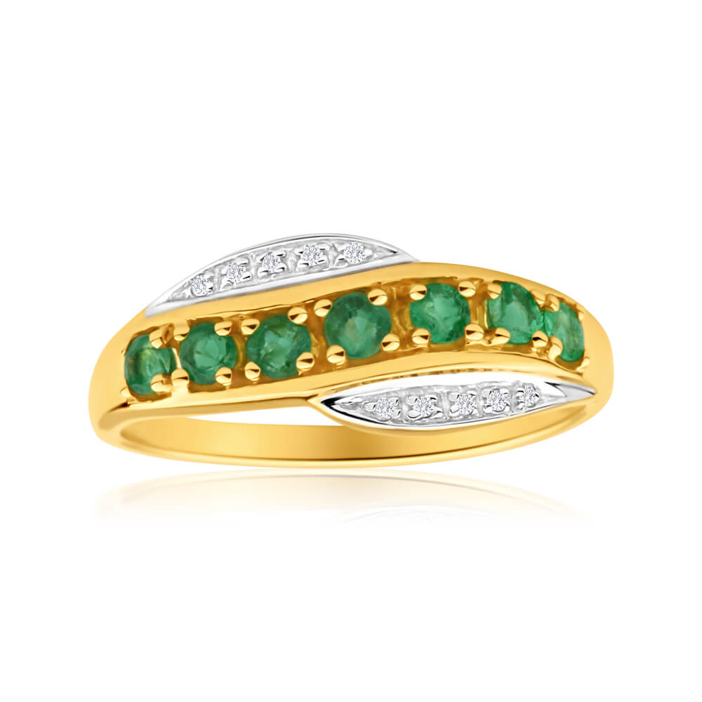 9ct Elegant Yellow Gold Diamond + Emerald Ring