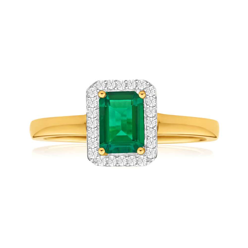 9ct Yellow Gold Created Emerald + Diamond Ring