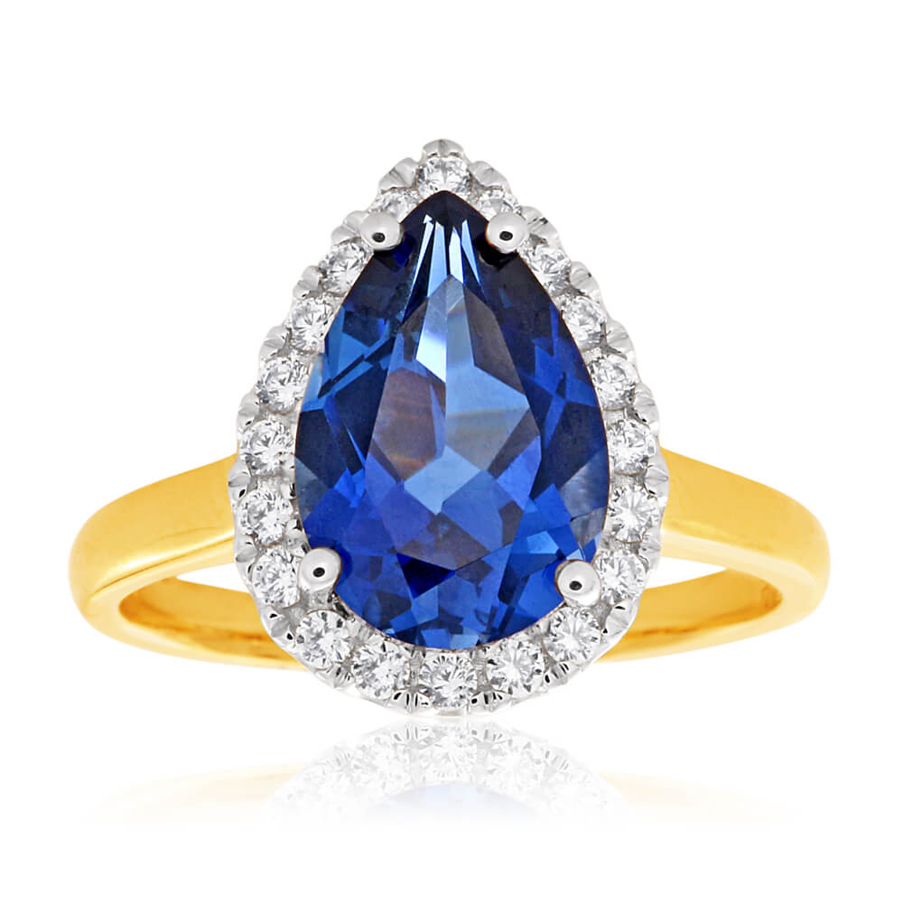 9ct Yellow Gold Pear Shaped Created Sapphire and Cubic Zirconia Halo Ring