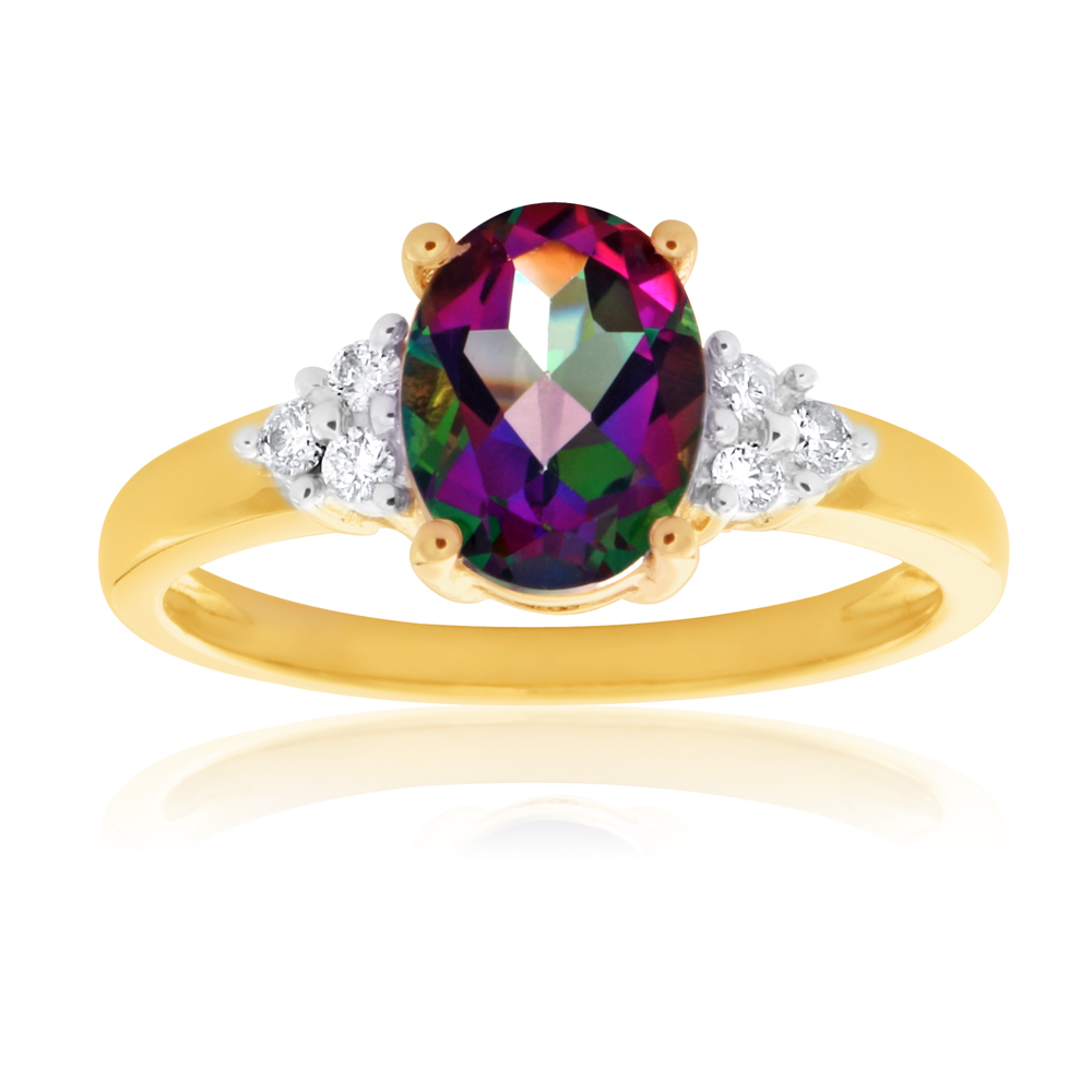 9ct Yellow Gold 8x6mm Oval Mystic Topaz and Diamond Ring