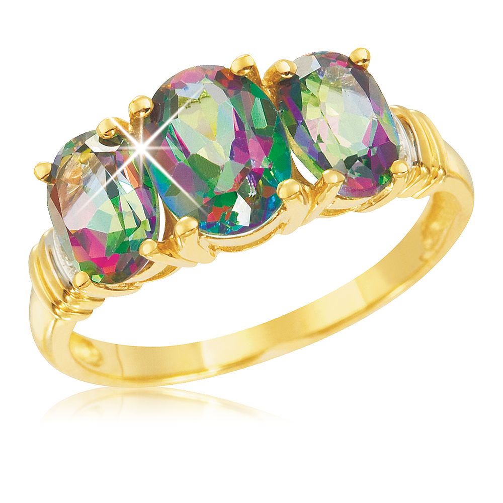 9ct Yellow Gold Oval Mystic Topaz and Diamond Trilogy Ring