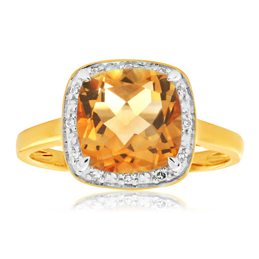 9ct Yellow Gold Citrine + 12 Diamond Ring