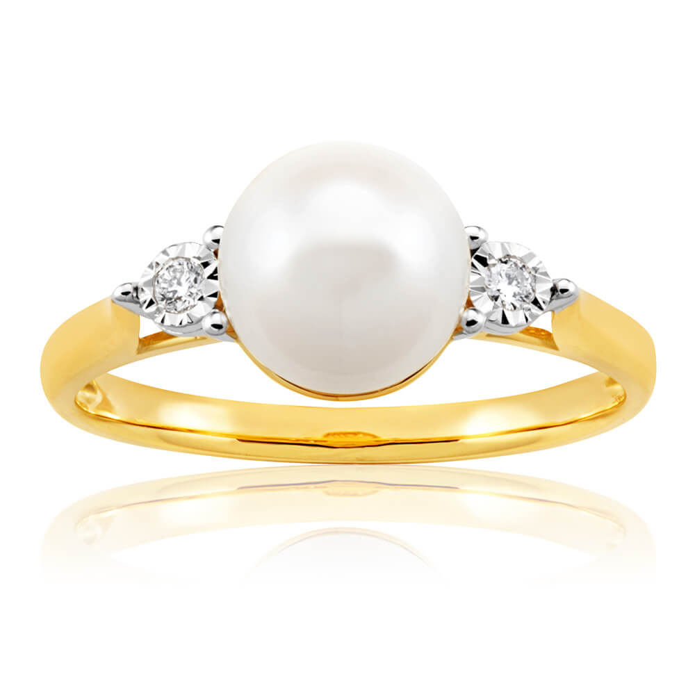 9ct Yellow Gold Magnificent Diamond + Pearl Ring