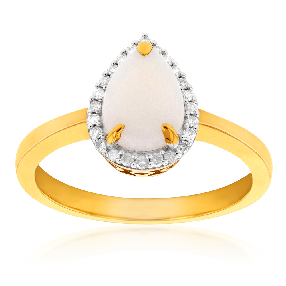 9ct Yellow Gold Opal & Diamond Pear Shape Ring