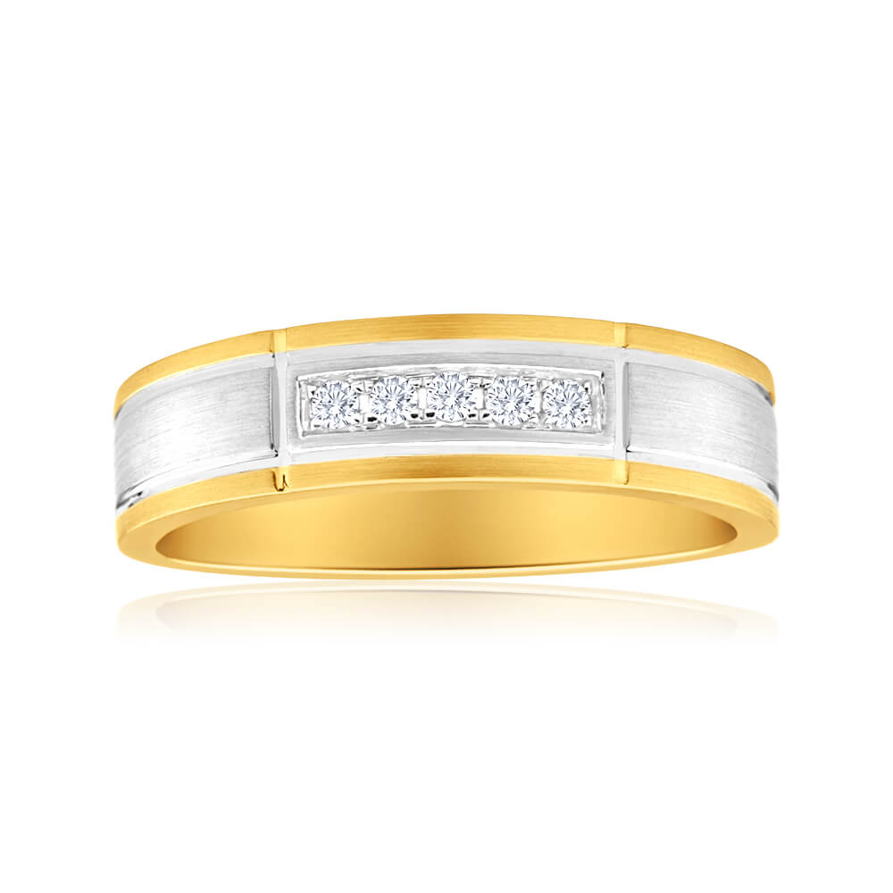 9ct Yellow Gold & White Gold Mens Ring With 0.1 Carats Of Diamonds