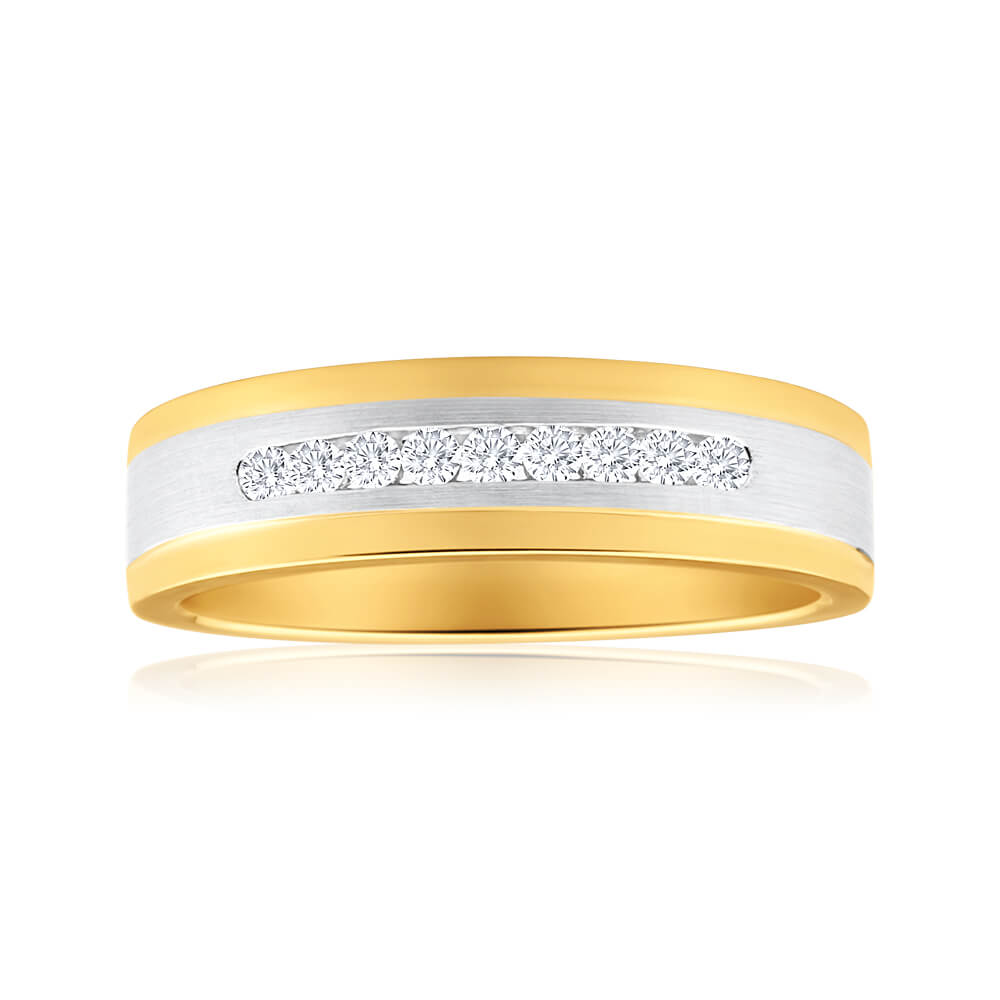 9ct Yellow Gold & White Gold Mens Ring With 0.2 Carats Of Diamonds