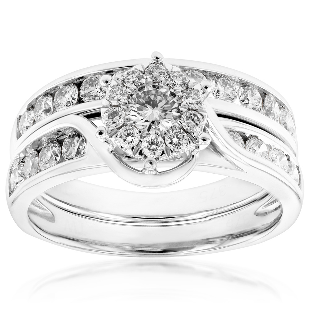 9ct White Gold 2 Ring Bridal Set With 1 Carat Of Brilliant Cut Diamonds