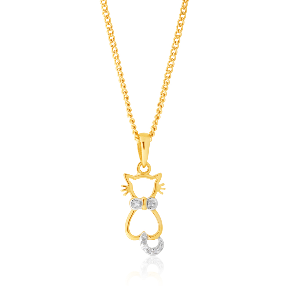 9ct Yellow Gold Diamond Cat Pendant with 7 Brilliant Cut Diamonds