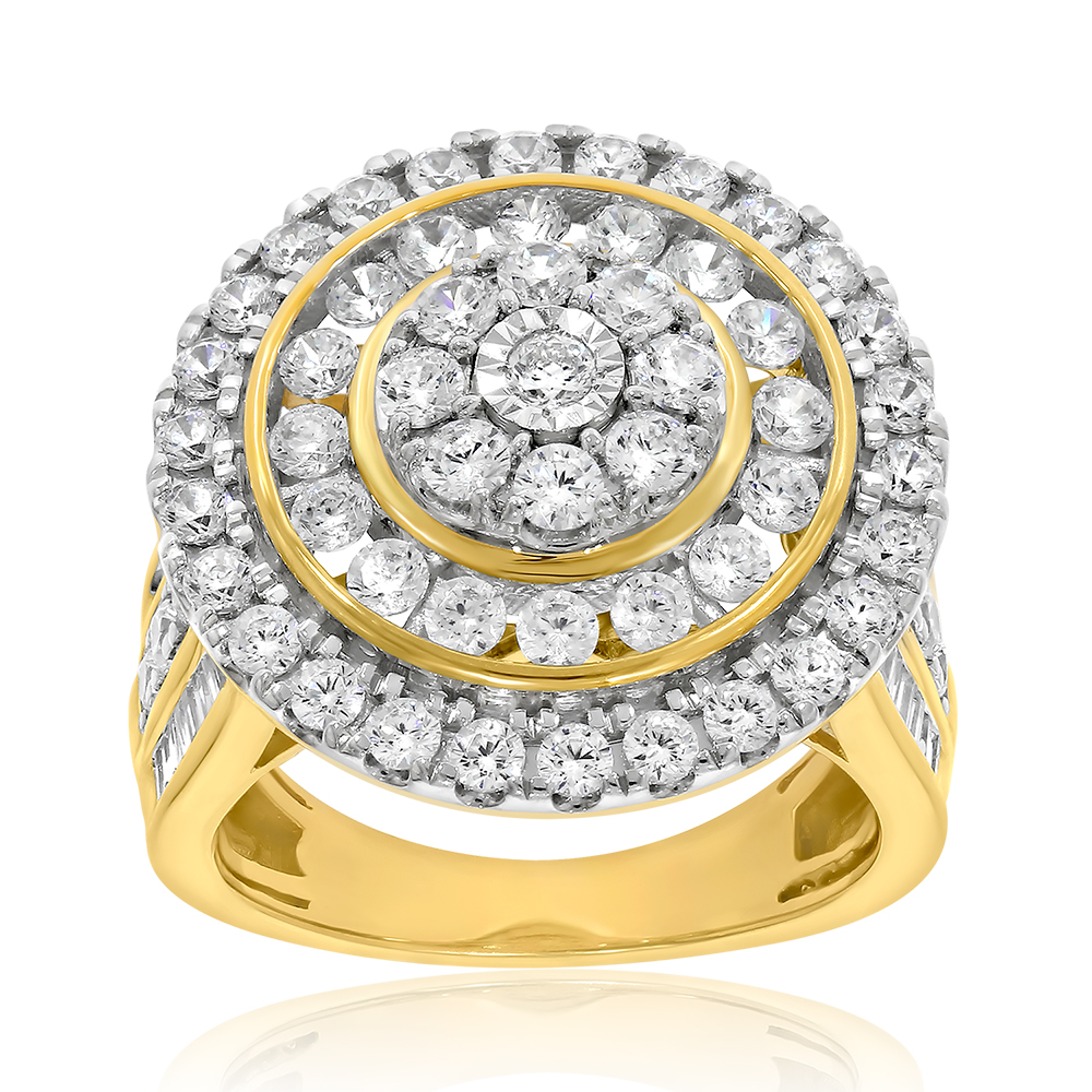 9ct Yellow Gold 3 Carat Diamond Ring with Brilliant and Tapered Baguette Diamonds