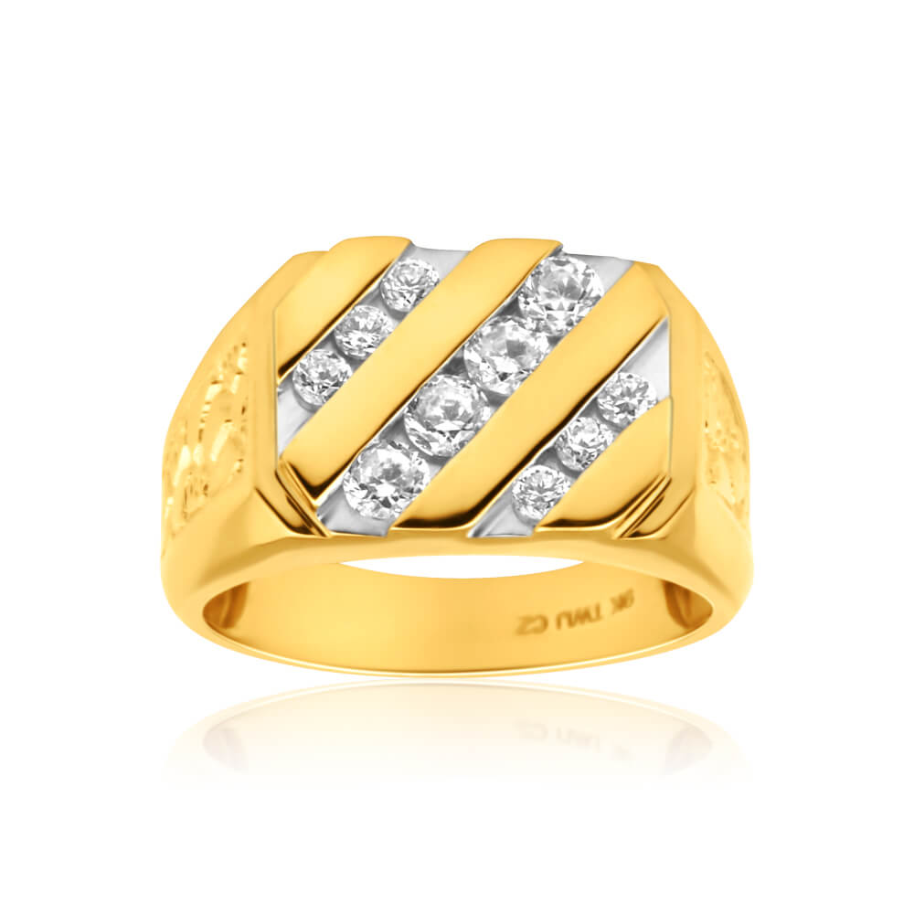 9ct Yellow Gold Diagonal Row Channel Set Cubic Zirconia Gents Ring