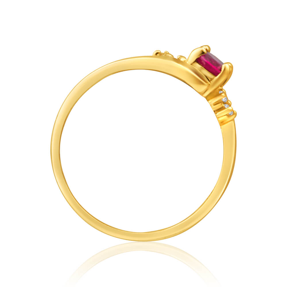 9ct Yellow Gold Created Ruby + 4 Cubic Zirconia Ring