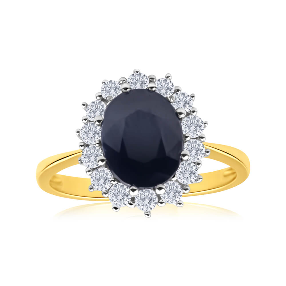 9ct Yellow Gold Natural Sapphire + Zirconia Ring