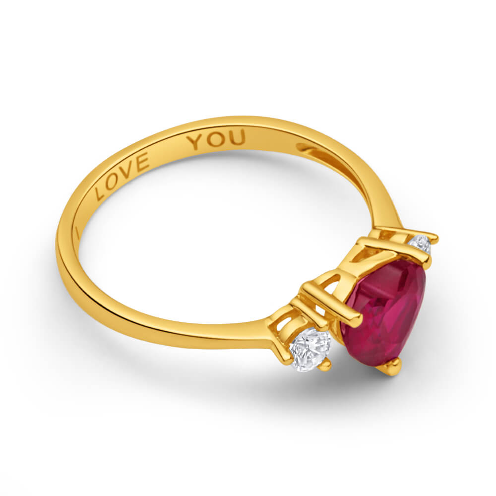 9ct Yellow Gold Engraved 'I Love You' Created Ruby and Cubic Zirconia Ring