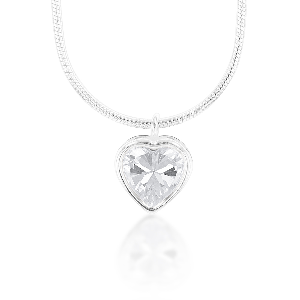 Sterling Silver White Cubic Zirconia Heart Pendant with 40cm Snake Chain