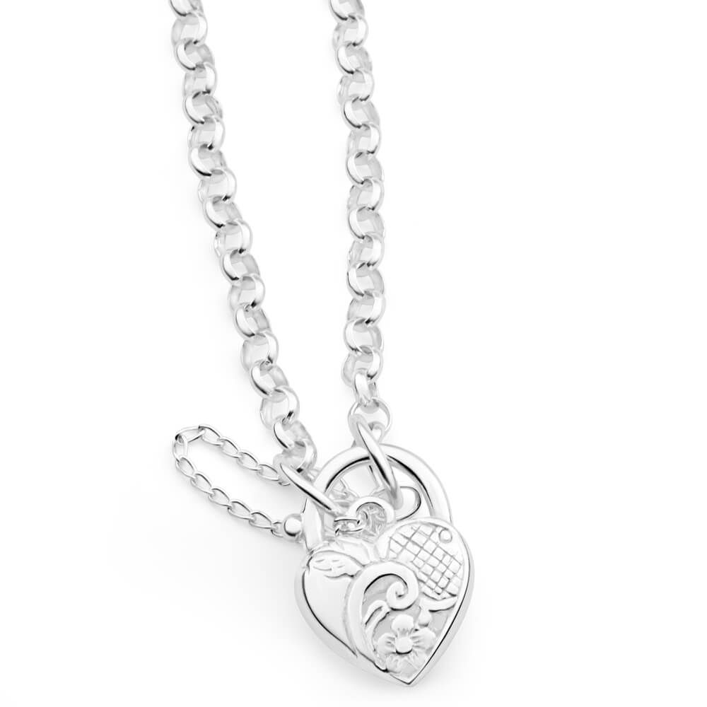 Sterling Silver Belcher Engraved Heart 20cm Padlock Bracelet