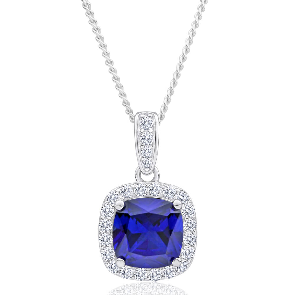 Sterling Silver Rhodium Plated Created Sapphire + Cubic Zirconia Pendant