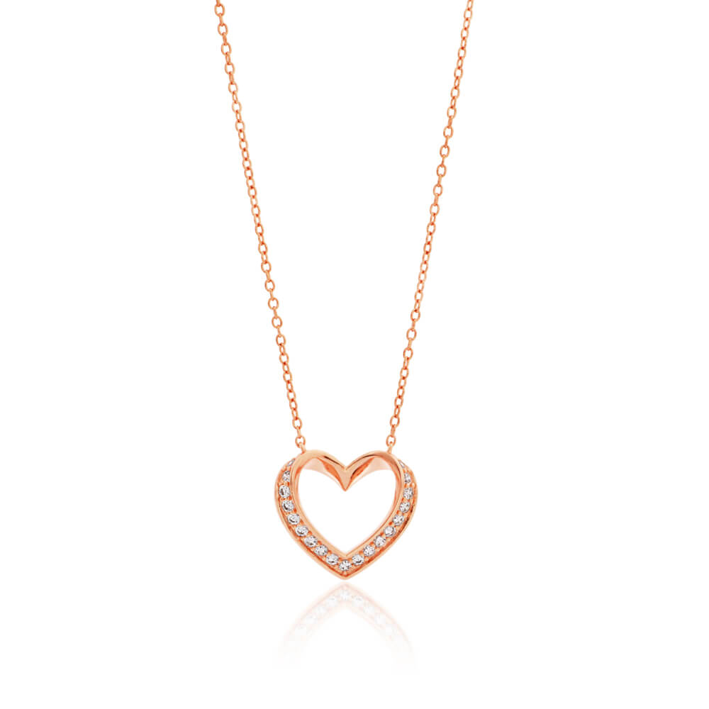 Sterling Silver Rose Gold Plated Cubic Zirconia Open Heart Pendant With 45cm Chain