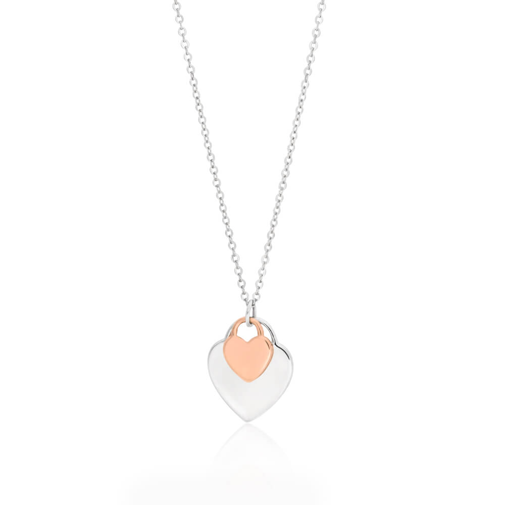 Sterling Silver Rhodium and Rose Gold Plated Double Heart Pendant With Chain