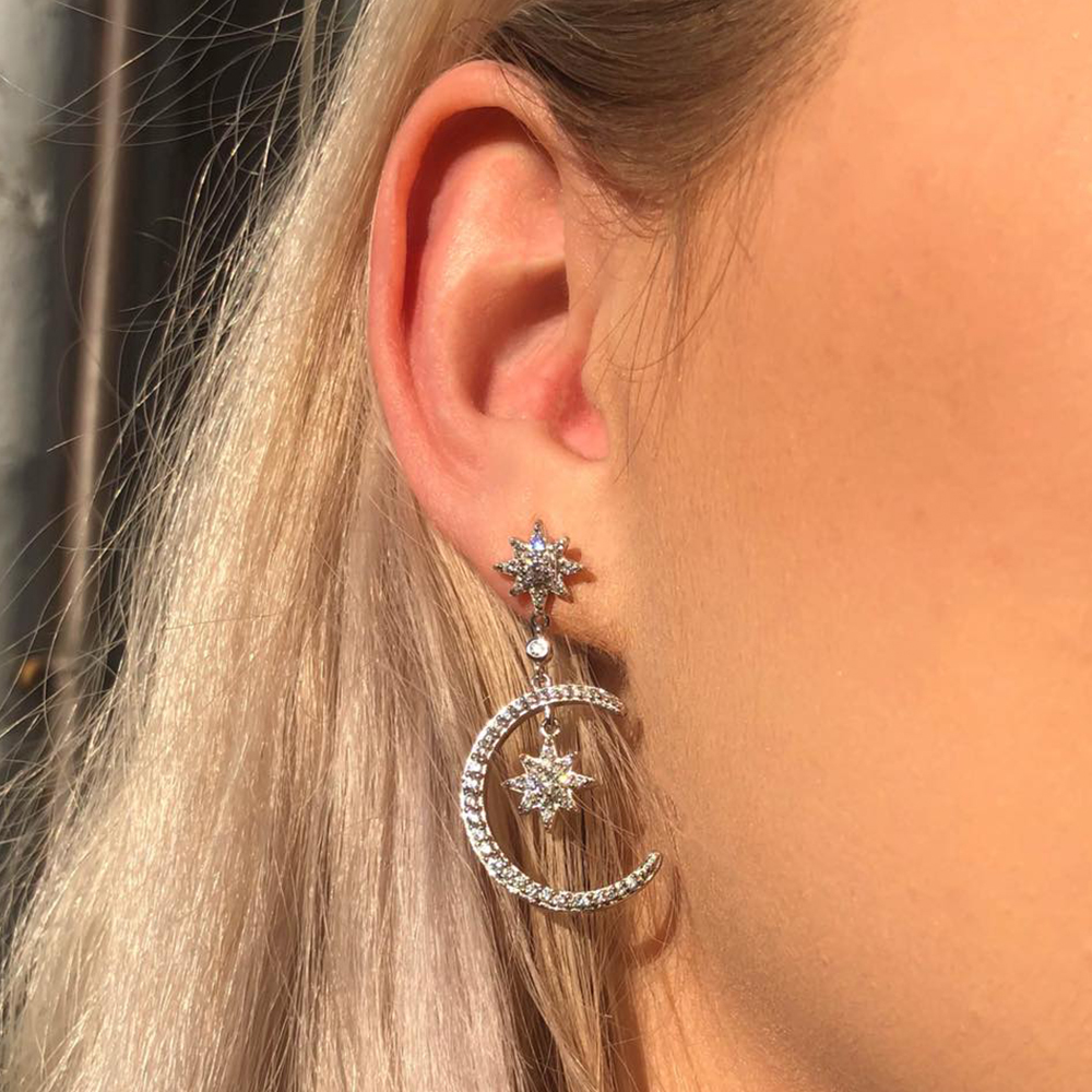 Sterling Silver Cubic Zirconia Moon & Star Drop Earrings