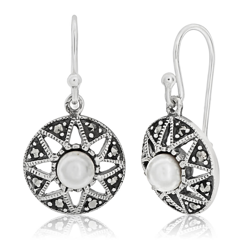 Sterling Silver Round Marcasite + Pearl Earrings