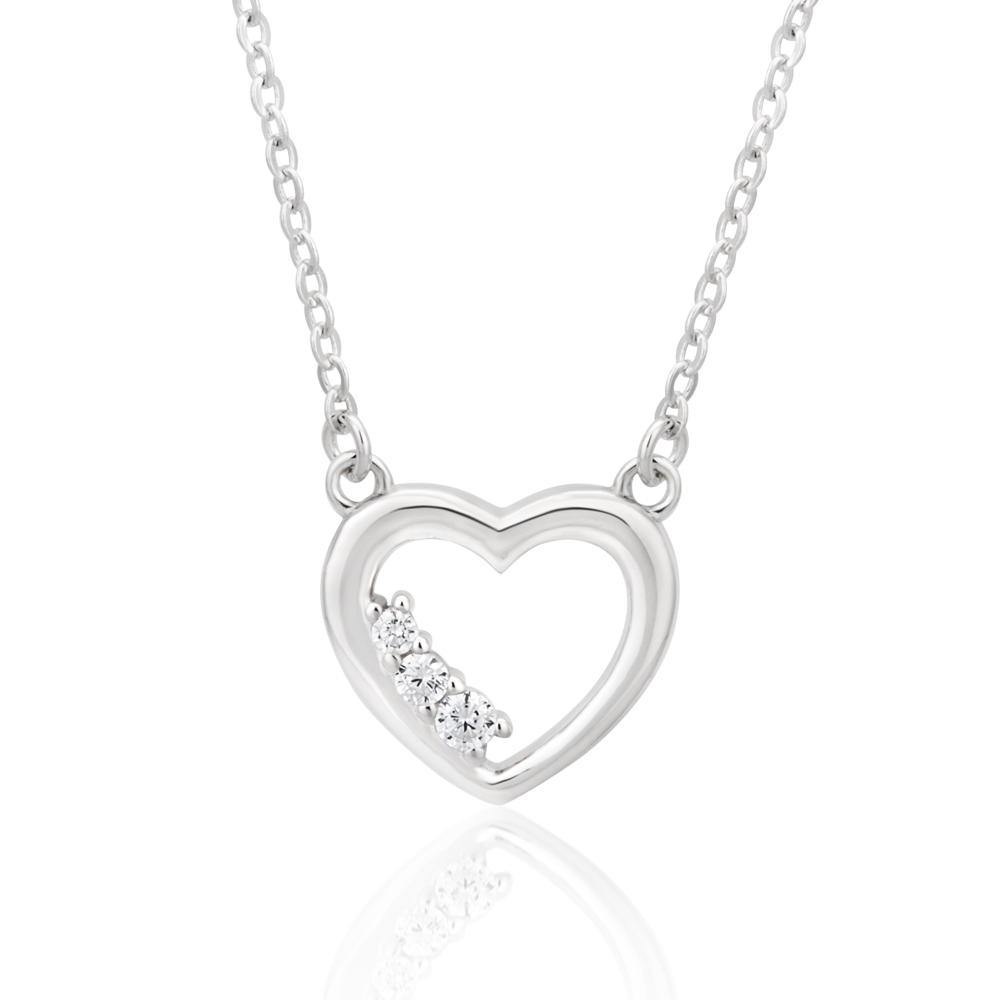 Sterling Silver Rhodium Plated Cubic Zirconia Open Heart Pendant With 42 + 3cm Chain
