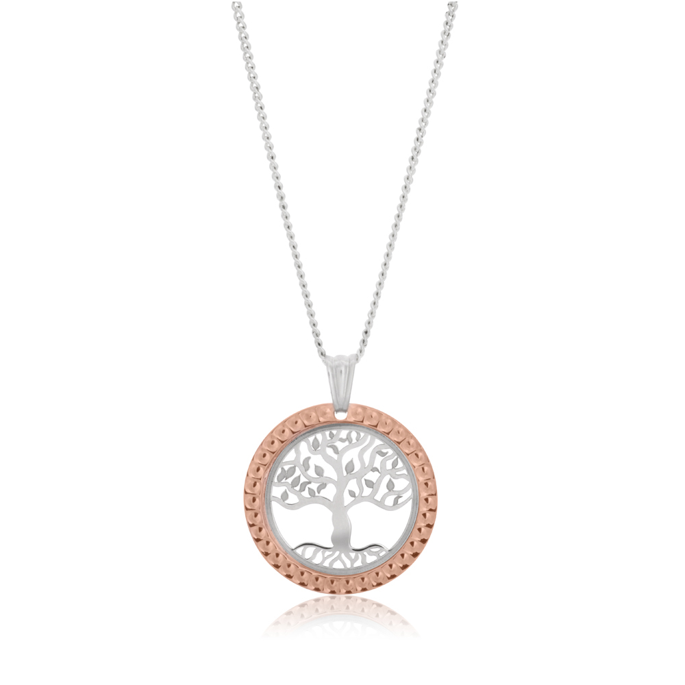 Sterling Silver Rhodium and Rose Gold Plated Tree of Life Pendant