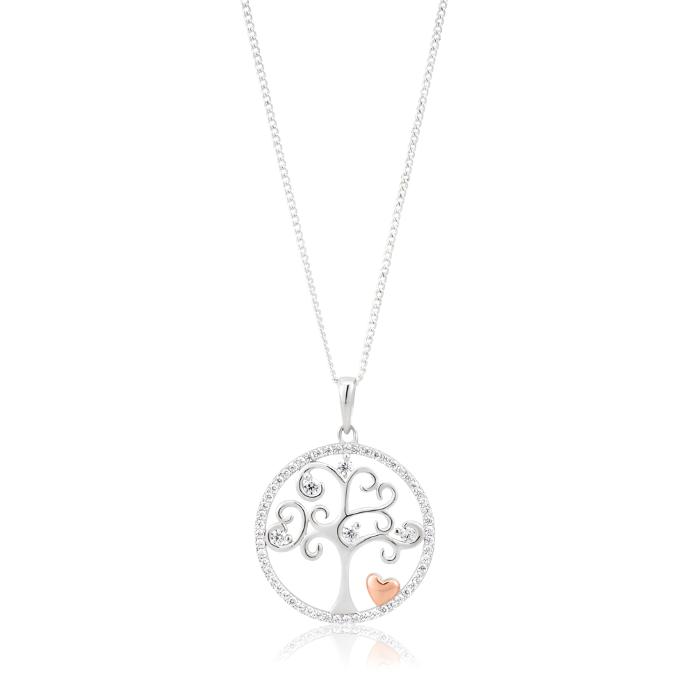 Sterling Silver Rhodium and Rose Gold Plated Tree of Life and Heart Zirconia Pendant