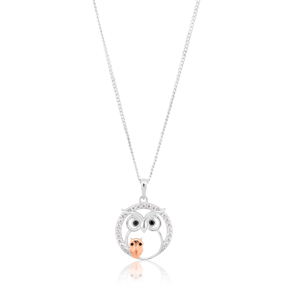 Sterling Silver Rhodium and Rose Gold Plated Owl Zirconia Pendant