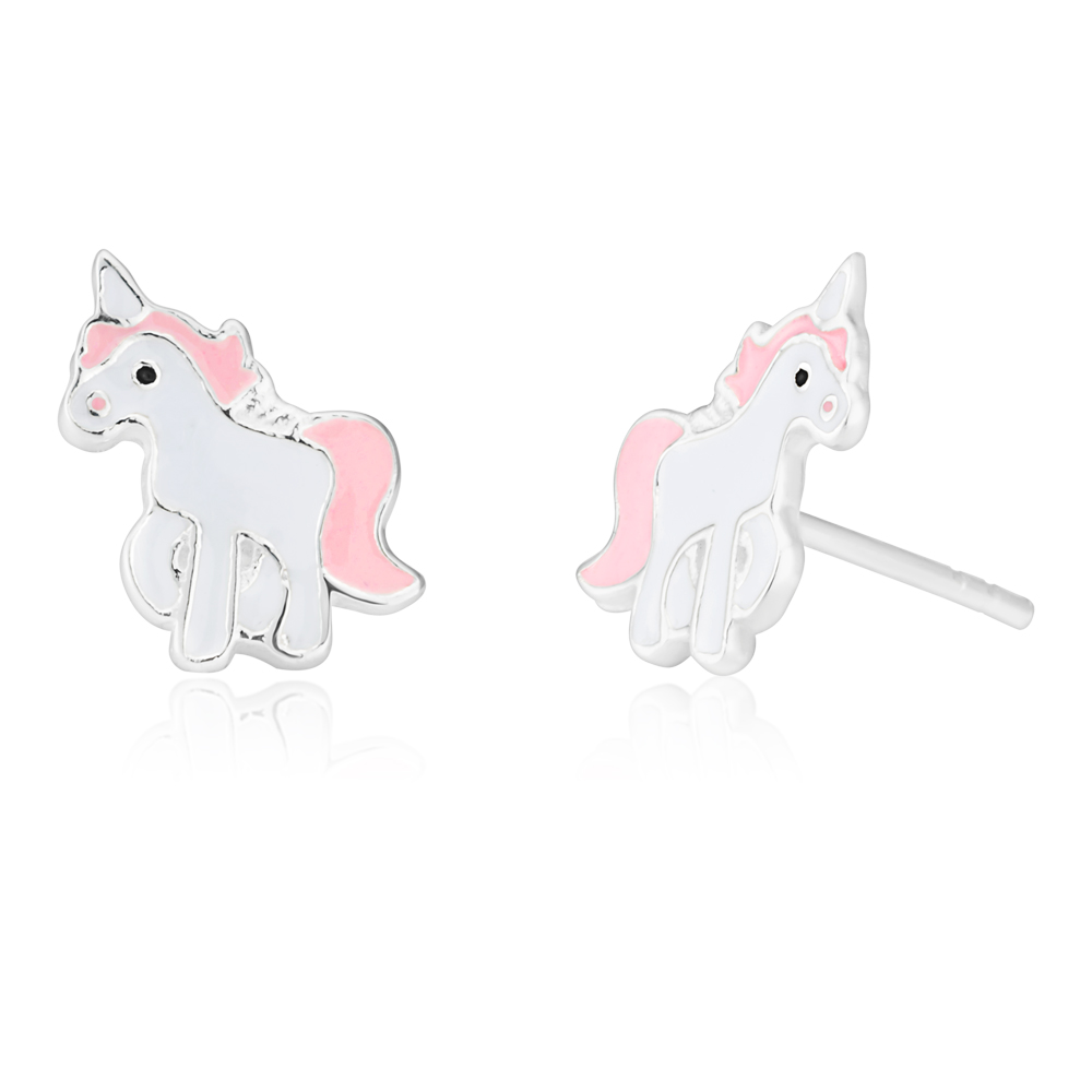 Sterling Silver Unicorn Pink and White Studs