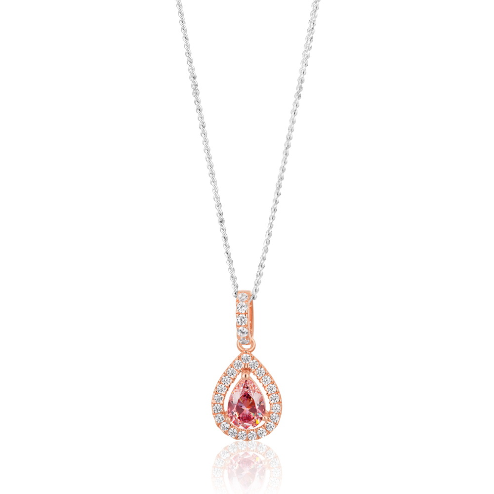 Sterling Silver Rose Plated Zirconia Pear Pendant