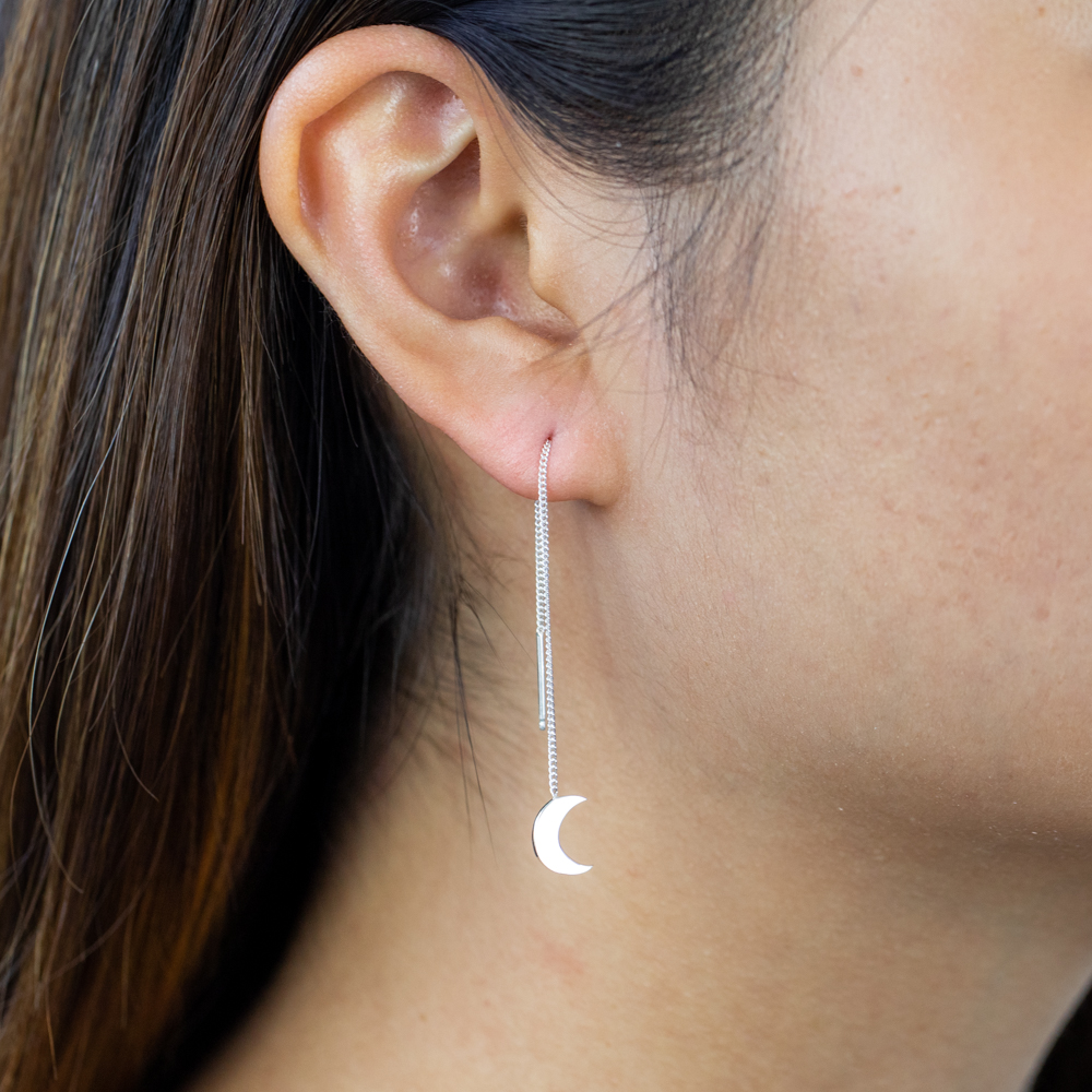 Sterling Silver Crescent Moon Threader Drop Earrings