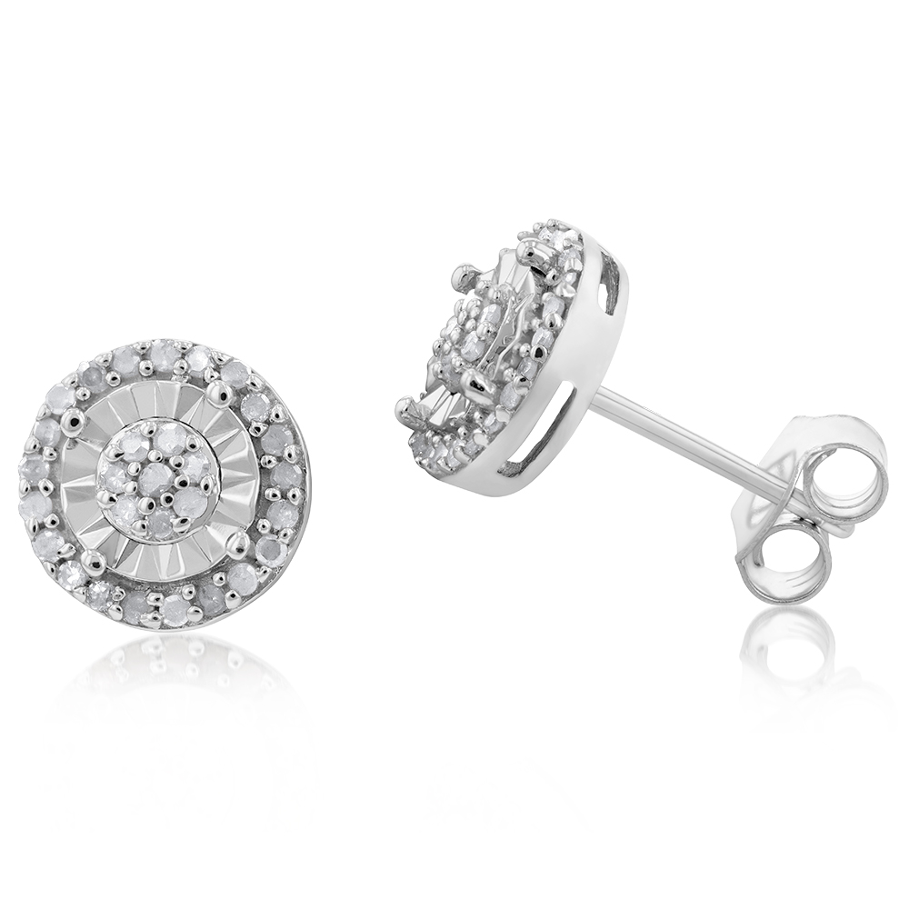 Sterling Silver 1/4 Carat Diamond Stud Earrings set with 18 Brilliant Diamonds