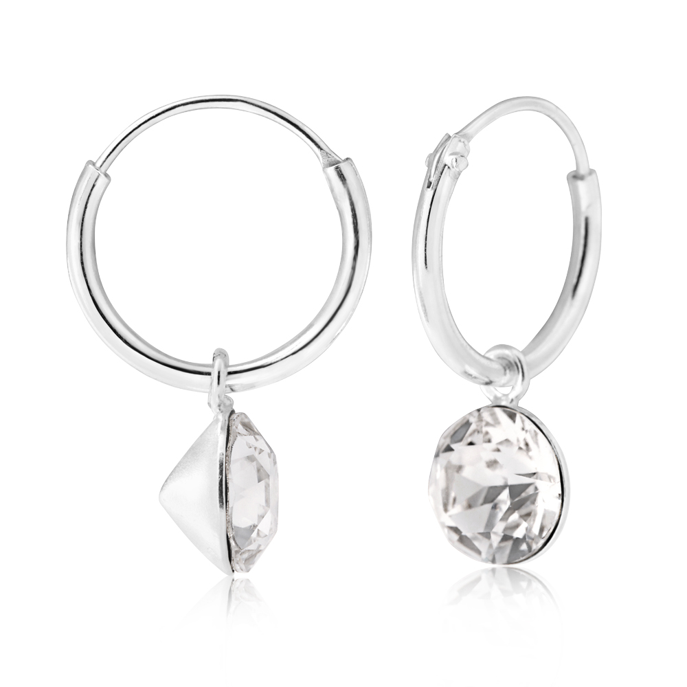 Sterling Silver 12mm White Swarovski Crystal 6mm Charm Hoop Earrings