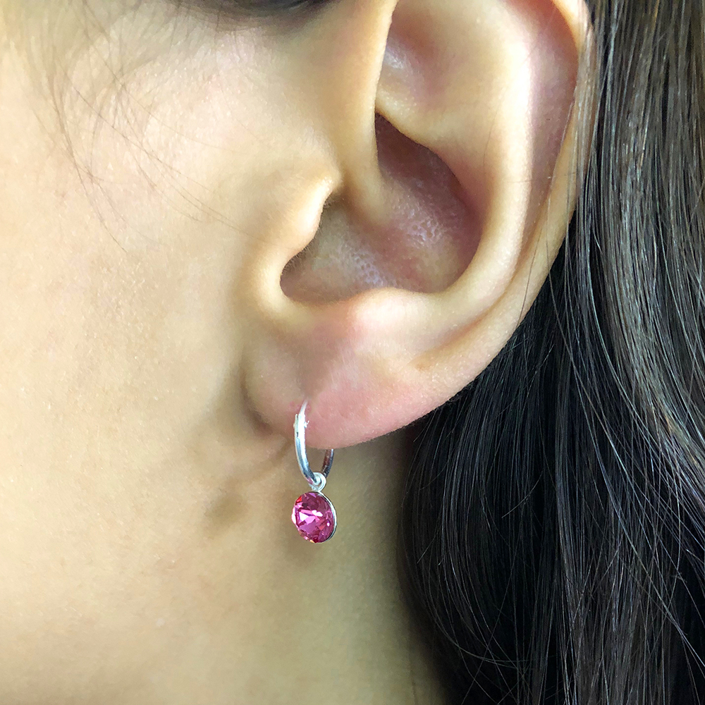 Sterling Silver 12mm Pink Swarovski Crystal 6mm Charm Hoop Earrings
