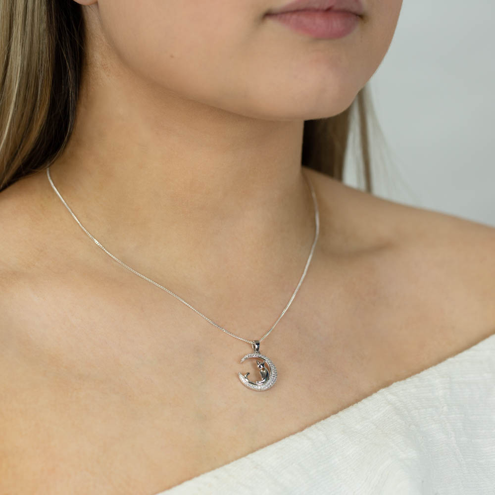 Sterling Silver Cubic Zirconia Crescent Moon with Cat Pendant