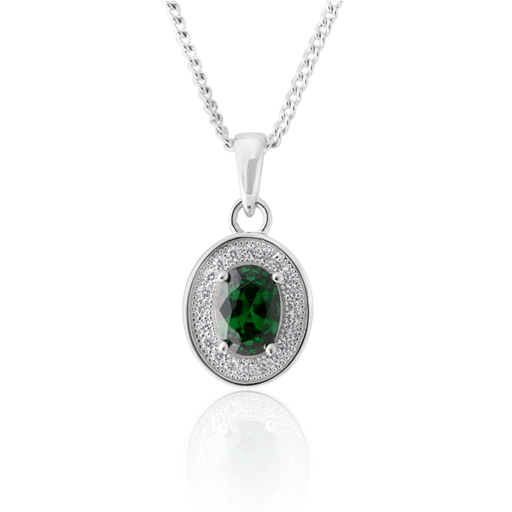 Sterling Silver Created Emerald and Zirconia Oval Pendant