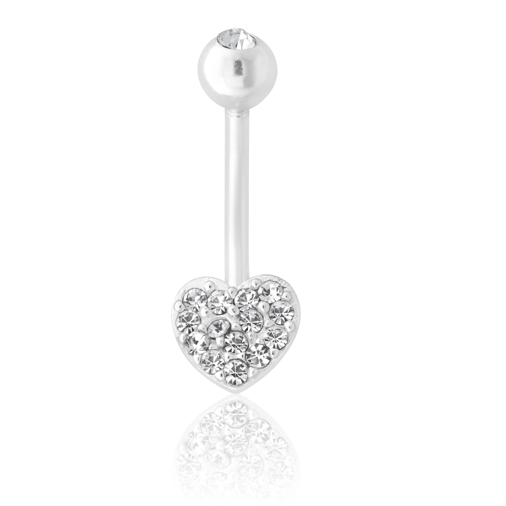 Sterling Silver Belly Bar Crystal Heart